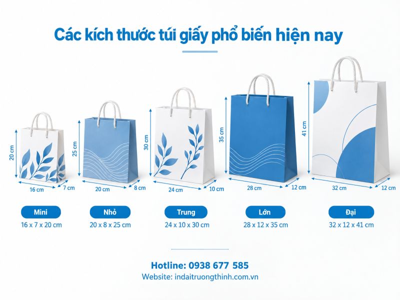 Các kích thước túi giấy phổ biến hiện nay